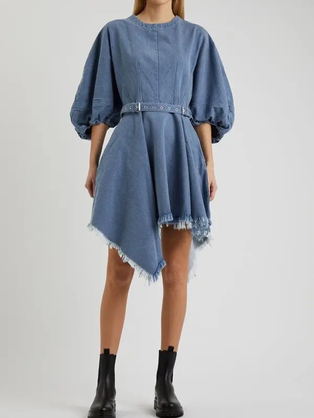 Marques Almeida Washed Blue Asymmetrical Denim Dress with Puff Sleeves
